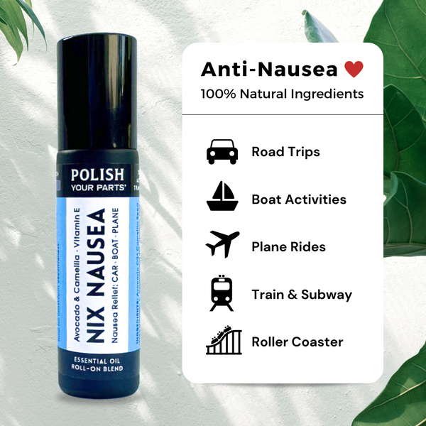Nix Nausea rollerball for car sickness and travel relief — all-natural essential oil blend by Polish Your Parts