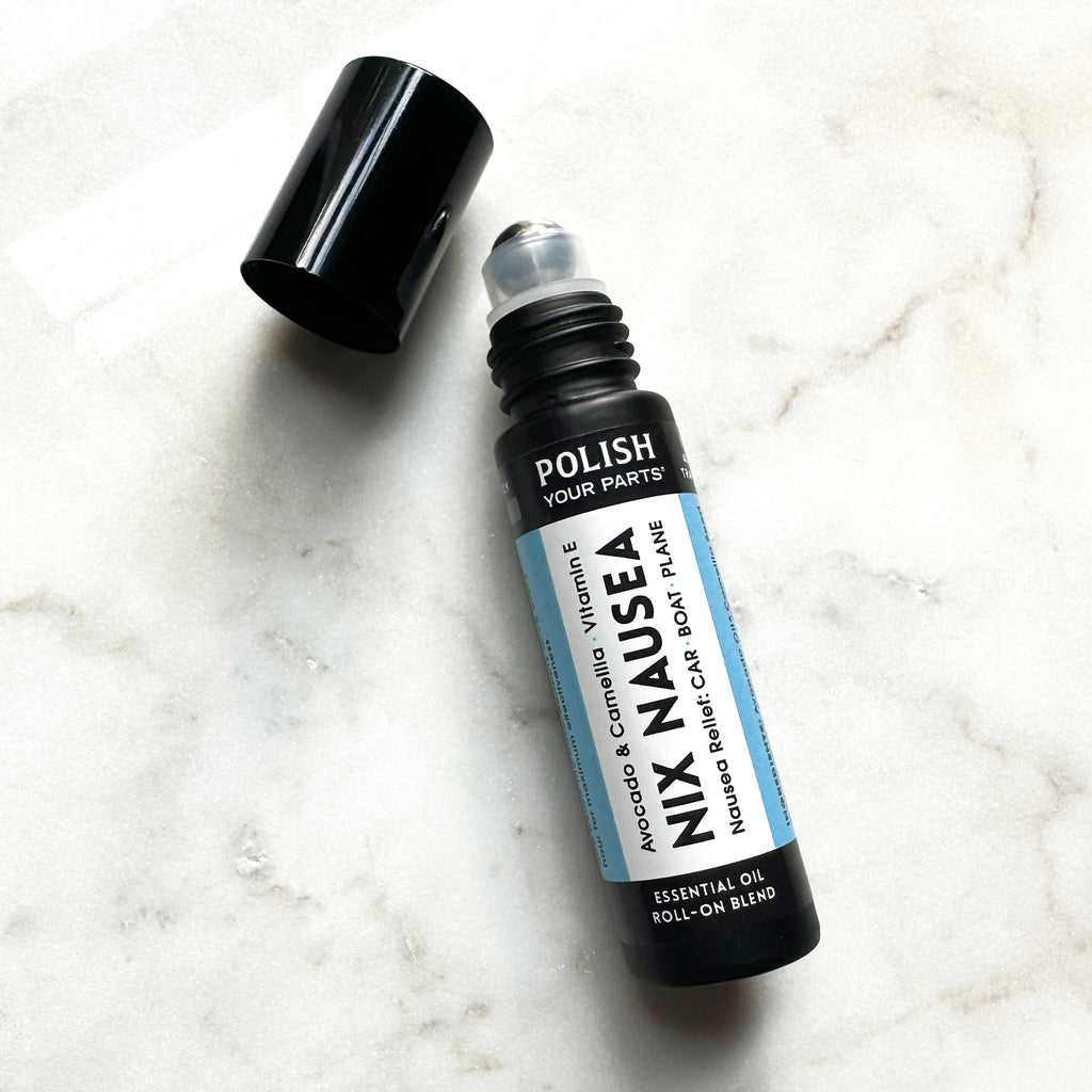 Nix Nausea essential oil rollerball for car sickness and travel relief, shown in a glass bottle from Polish Your Parts